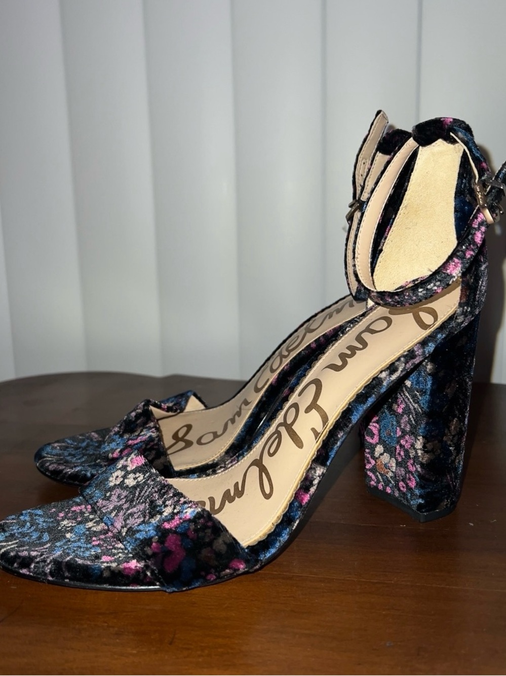Sam Edelman Black Floral Velvet Block Heel Sandals